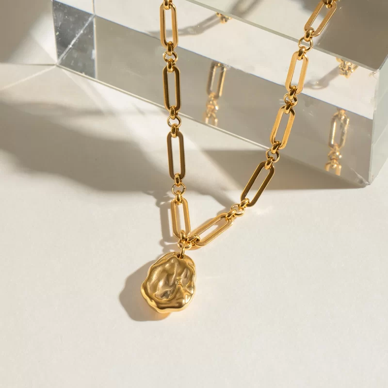 18k Gold Stainless Steel Simple Hammered Special Shaped Steel Bead Pendant Necklace 42+5cm - Image 4
