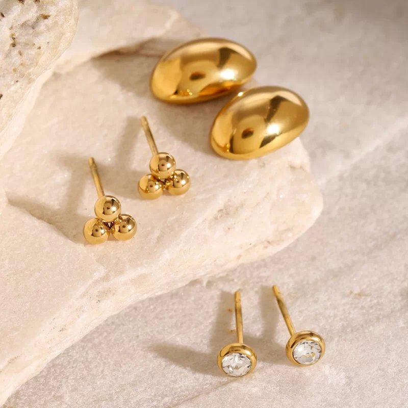 18k Gold Stainless Steel Jewelry White Zircon Hollow Oval and Steel Ball Ear Clips Set of 3 Fashion Jewelry - Image 4