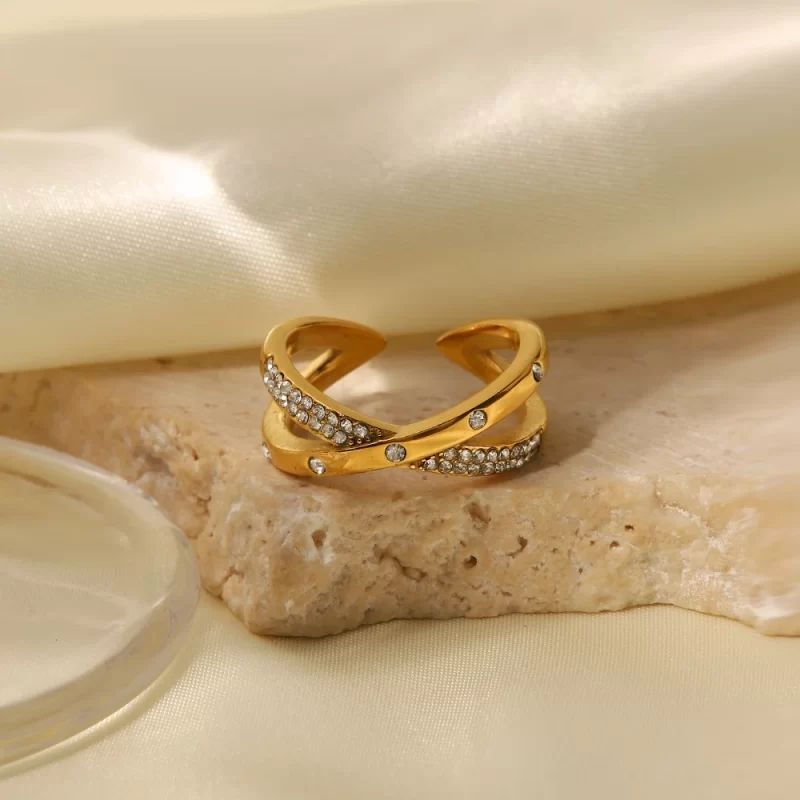 18K Gold Plated Stainless Steel Double Layer Zircon X Cross Opening Rings Jewelry Gift for Women - Image 4