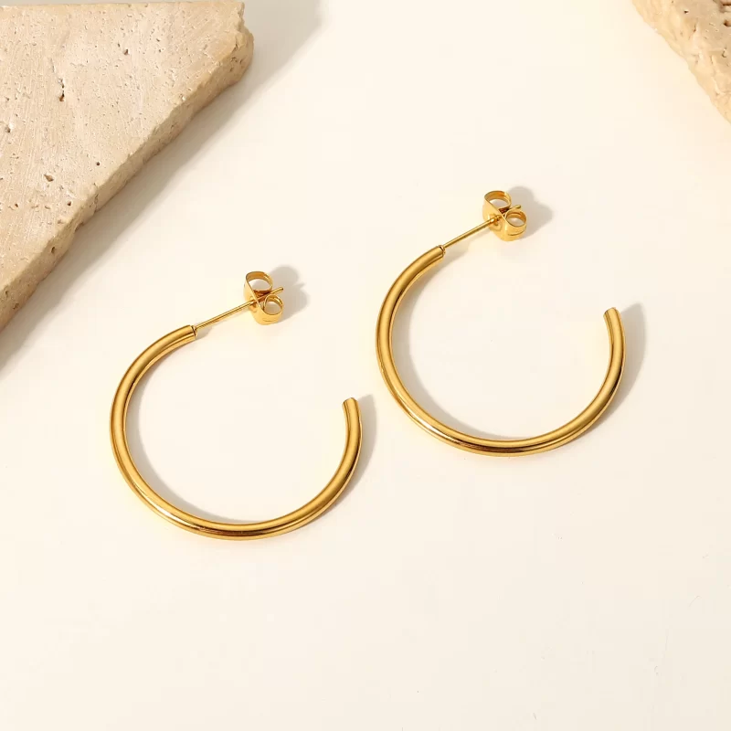 30MM Minimalism 18K Gold Plating Accessories Gift Huggie CC Shaped Stainless Steel Earrings - Image 2