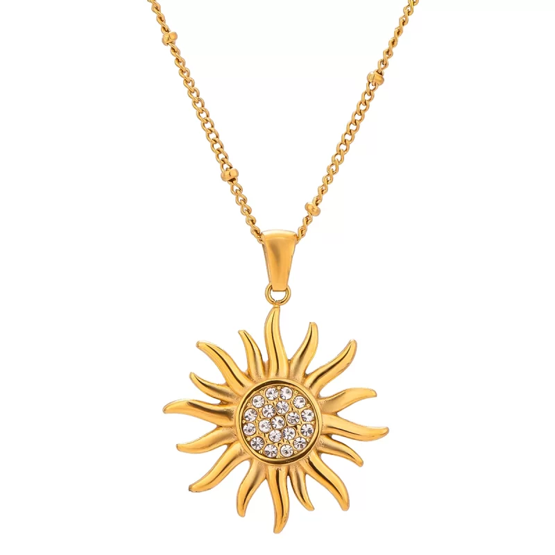 New Arrival Stainless Steel Stud Earring Waterproof Rhinestones Sun Shape Pendant Necklace for Women - Image 3