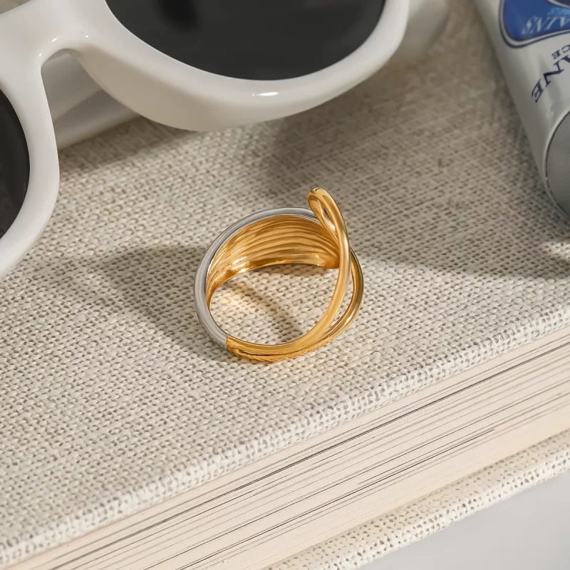 J&D 18K Gold Stainless Steel Adjustable Trendy Fashion Jewelry Two-Tone Waterdrop Geometric Open Ring - Image 4