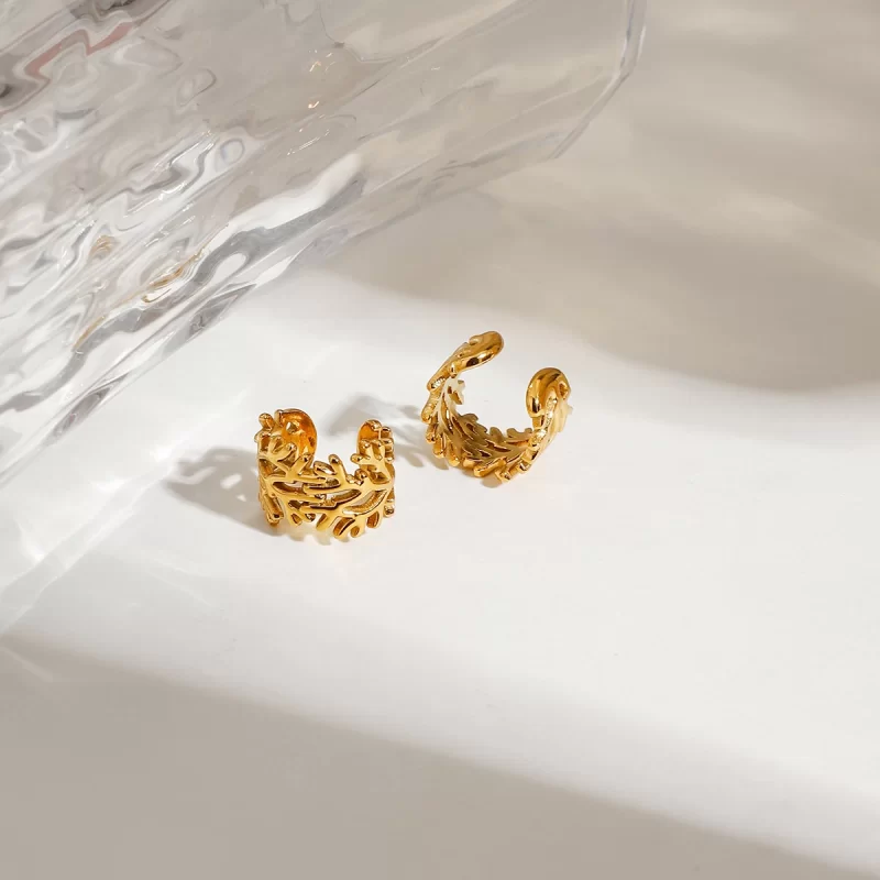 18k Gold Stainless Modern Minimalist 18K Gold Stainless Steel Glossy Tree Branch Hollow Open Ear Clip Earrings - Image 5