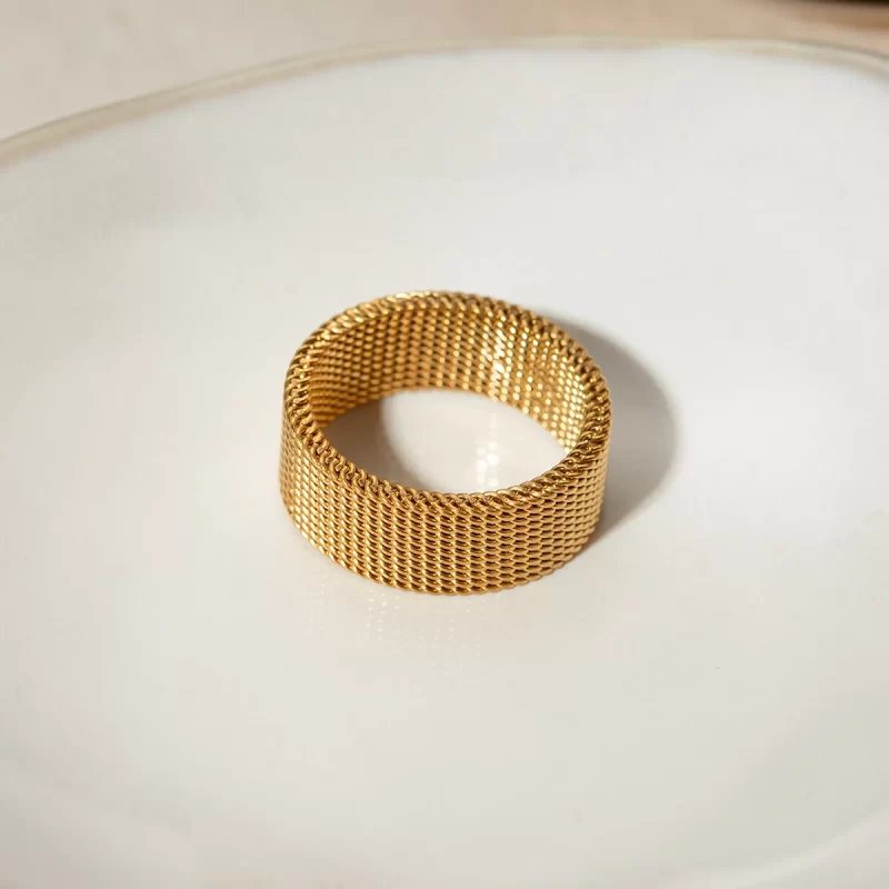 New Arrival Wide Band Stainless Steel 18k Gold Open Spaced Simple Lattice Woven Zip Chain Enamel Rings - Image 3
