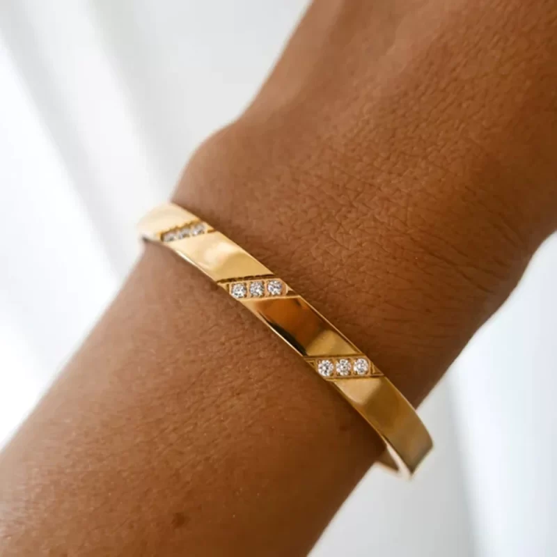 Simple Design 18K Gold Plated Diagonal White Cubic Zirconia Bangles for Women Dainty Jewelry - Image 2