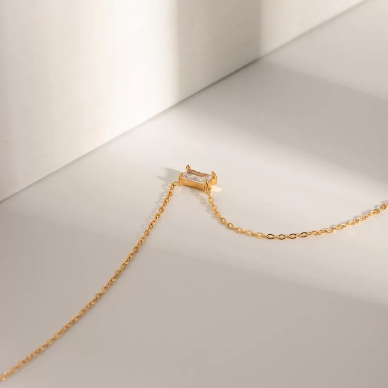 J&D Jewelry Dainty 18K Gold Plated Stainless Steel Rectangle CZ Zirconia Pendant Necklace for Women - Image 3