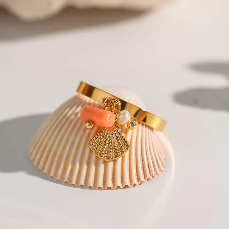 Jewelry, Eyewear, Watches & AccessoriesFashion JewelryFashion RingsJ&D Ocean Dainty 18K Gold Plated Stainless Steel Open Ring Pink Coral Crystal Shell Chain for Engagement & Party Fashion Jewelry - Image 4