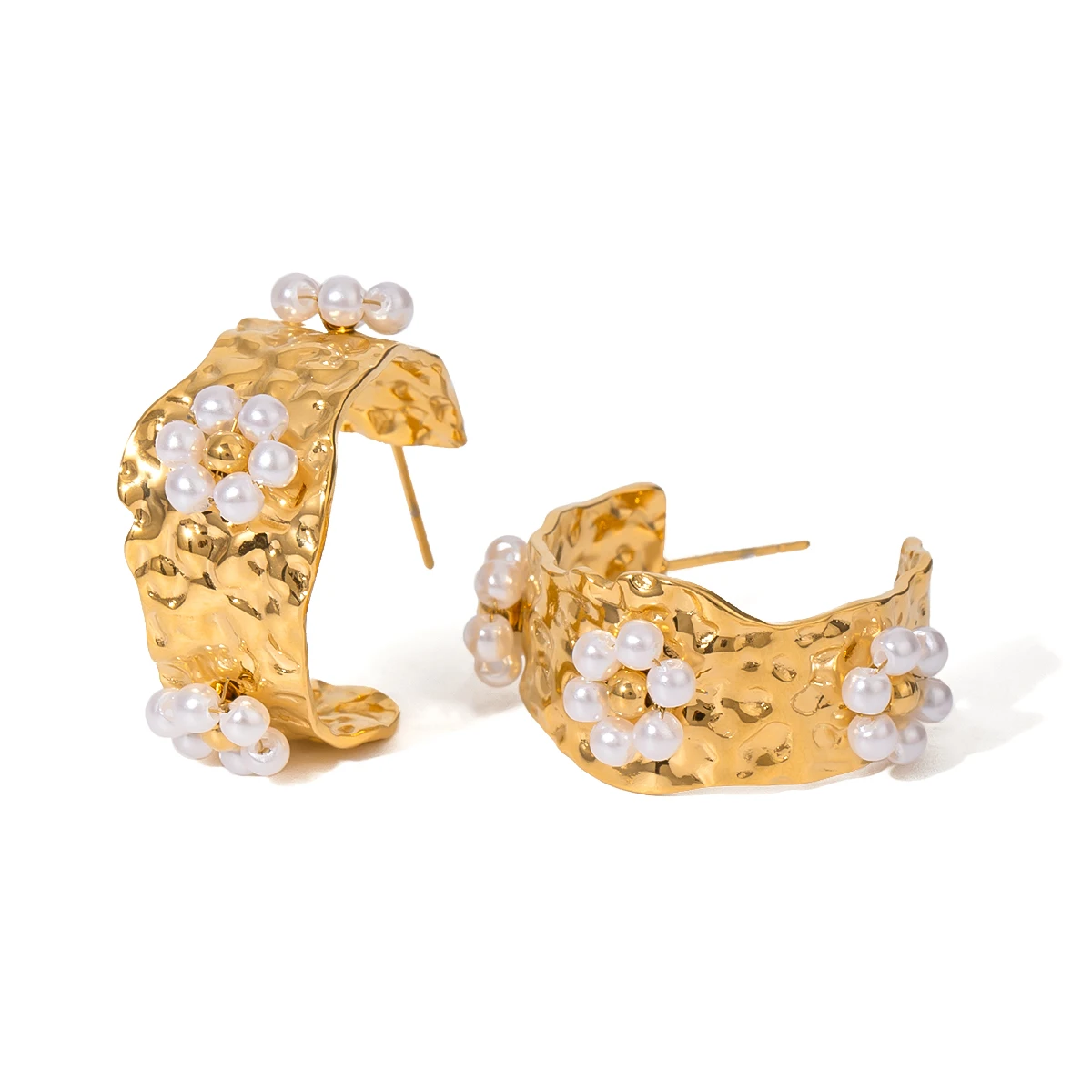 18k Stainless Steel Real Gold IP Plated Hammered Texture Flower C Shape Earrings Unique Style