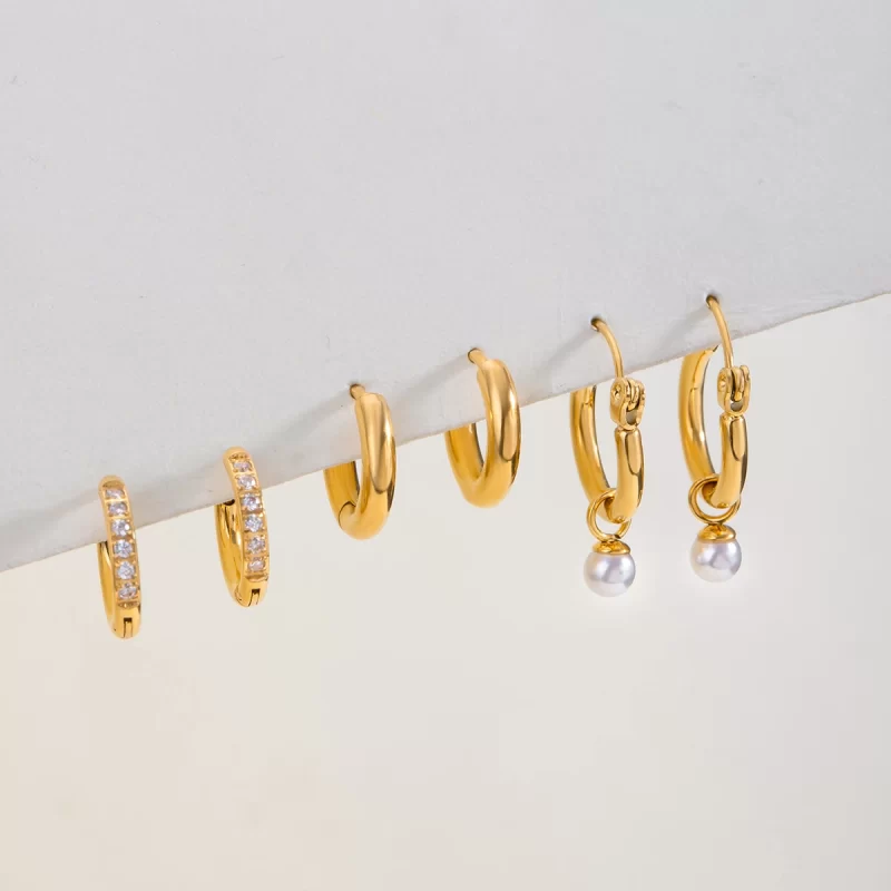 18k Gold Plate Stainless Steel Pearl and White Zircon Hoop Earrings Three Pairs Elegant Set - Image 3