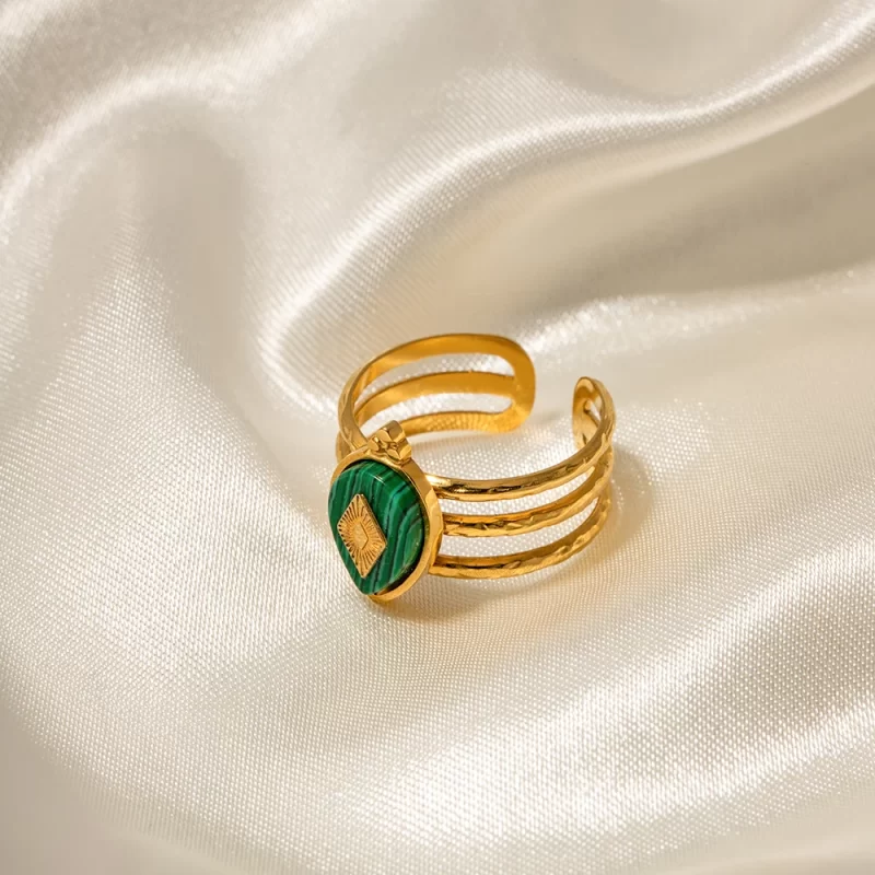 18K Gold Plated Malachite Natural Stone Exquisite Open Rings Hollow Layers Design Fashion Jewelry - Image 4