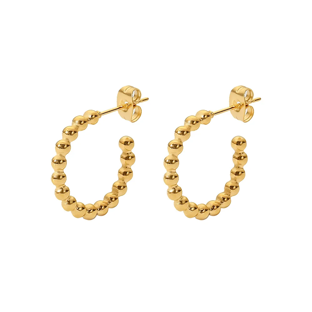 Small Round Beads Gold Plated C-shaped Earrings Stainless Steel Jewelry Stud Earrings for Gift