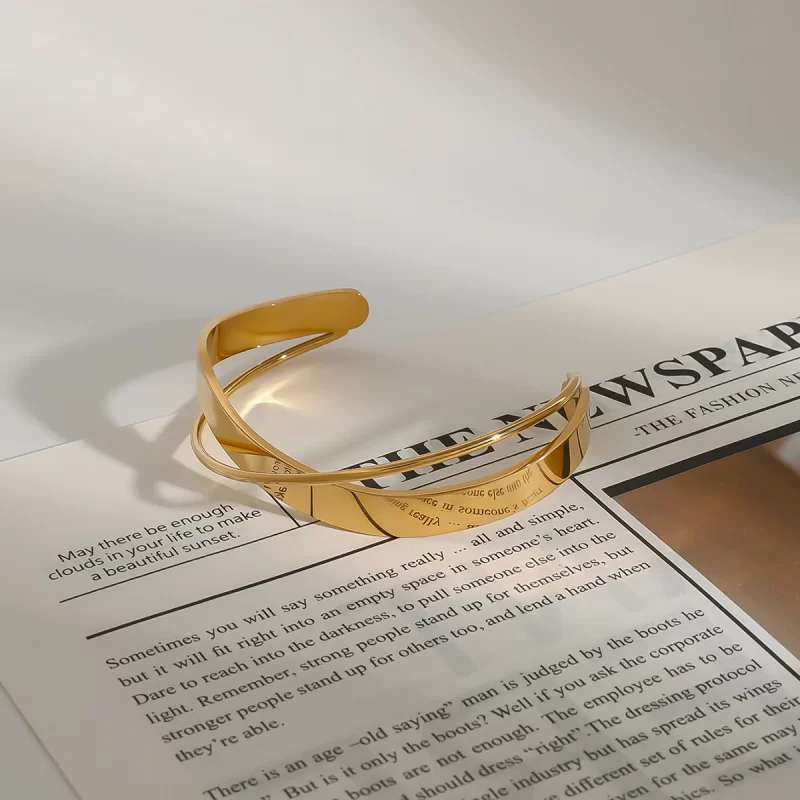 J&D Elegant Bold Design Fashion Statement Jewelry 18K Gold Plated Stainless Steel Cuff Bangle - Image 4