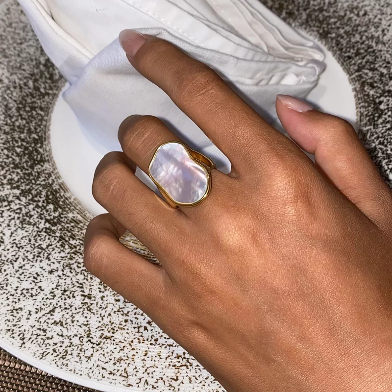 J&D Stylish Accessory 18k Gold PVD Plated Stainless Steel Unique White Shell Rings - Image 2