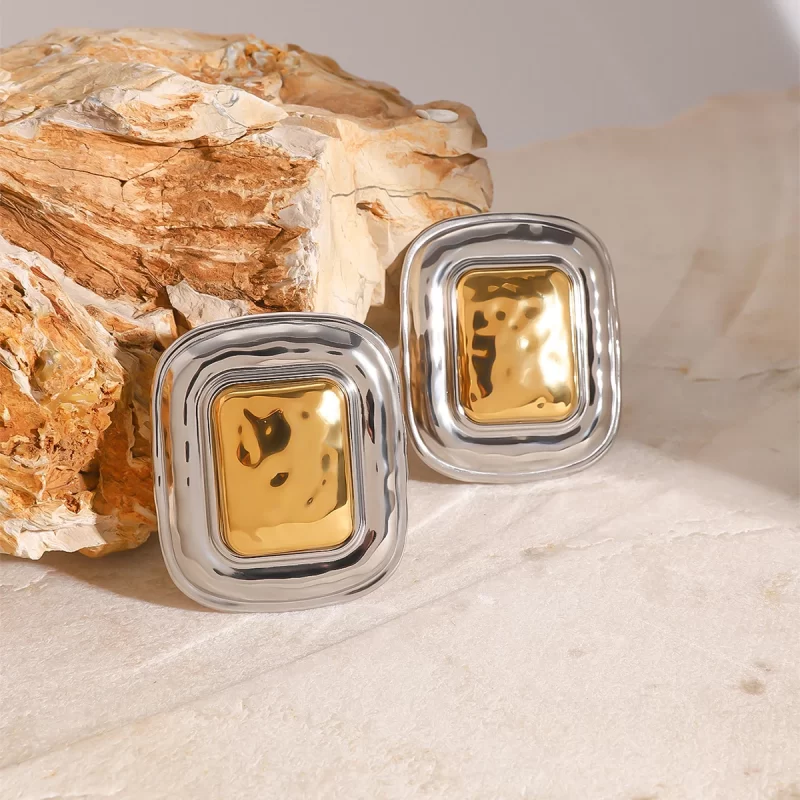 18k Gold Stainless Steel Hammered Square Hoop Earrings - Image 4