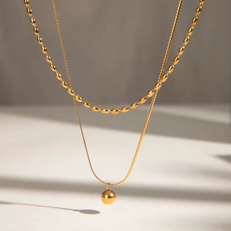 18k gold stainless steel/smooth small steel ball pendant rice ball chain double-layer necklace 40/45+5cm - Image 2