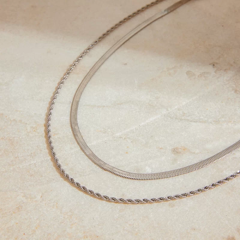J&D Jewelry Waterproof 18K PVD Gold Plating Also Silver Colorway Two Layers Rope Flat Snake Chain Necklace - Image 5