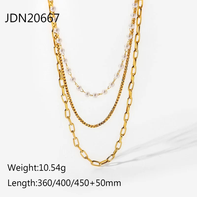 18k Gold Multi Layer Necklace Pearl Collar Summer Beach Stainless Steel Link Chain Choker Necklace - Image 6