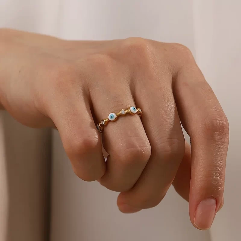 Dainty 18K Gold Plated Stainless Steel Evil Eyes Enameled Clear Cubic Zirconia Opening Rings Jewelry - Image 2