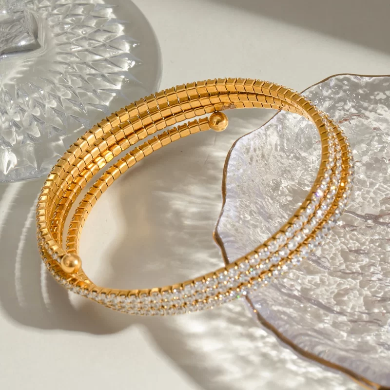 J&D 18k Gold Stainless Steel White Zircon Full Zircon Triple Layer Bracelet Luxurious Style Party Wearing - Image 5