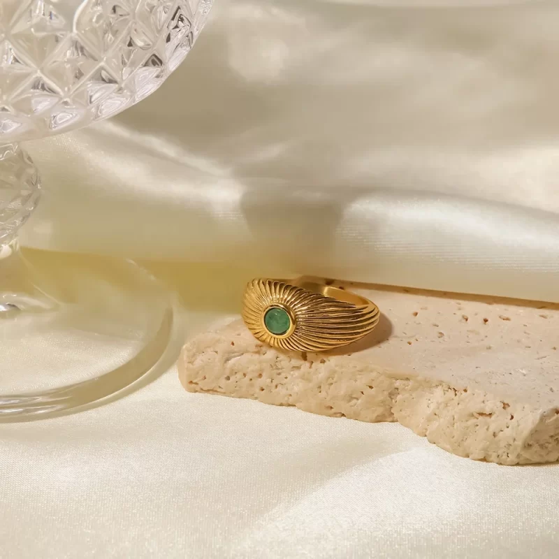 18K Gold Plated Stainless Steel Wide Chunky Natural Green Stone Sun Shape Rings Punk Style Unisex - Image 4