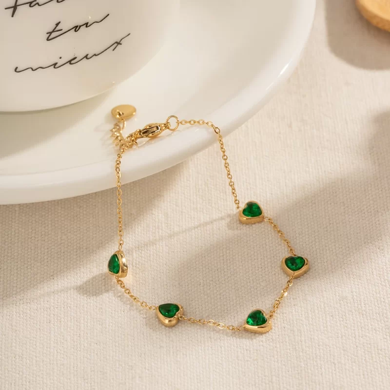 14K Gold Plated Stainless Steel Fine Chain Jewelry Gift Charm Mulit Green Heart Cubic Zirconia Bracelet - Image 5