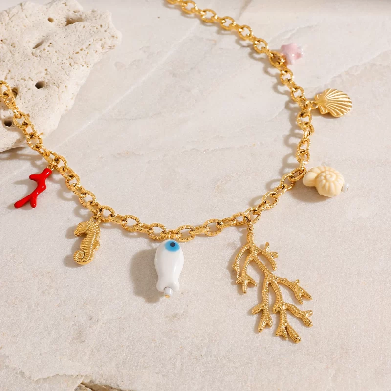 J&D Spring Summer Charm Collection Ocean Series 18K Gold Plated Stainless Steel Necklace with Pearl Flower Charms Jewelry - Image 4