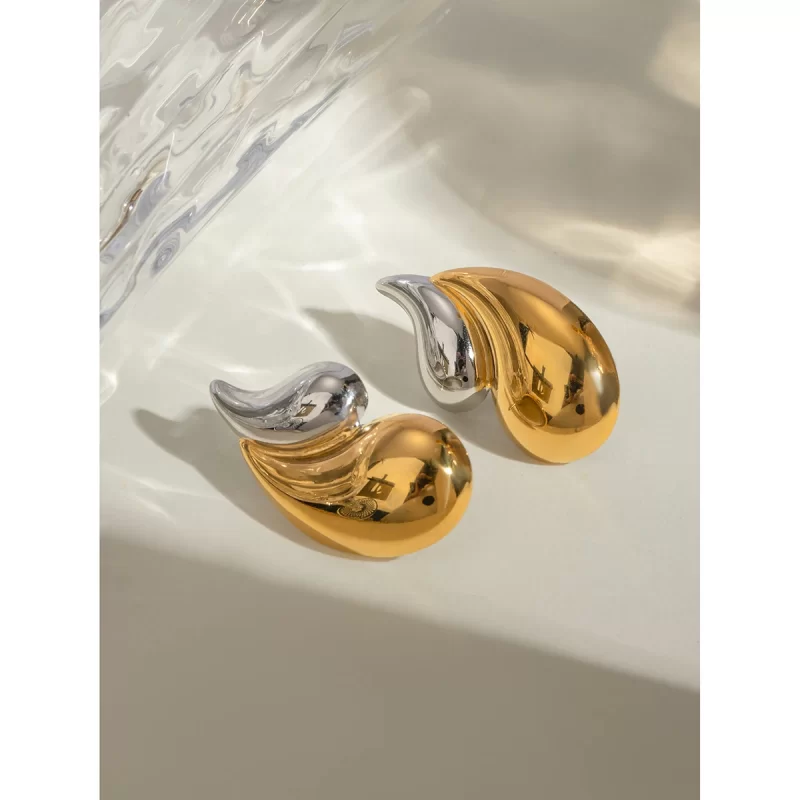 Trend Wide Surface Twist Wavy Earrings 18K Stainless Steel Double Tear Drop Earring for Women - Image 5