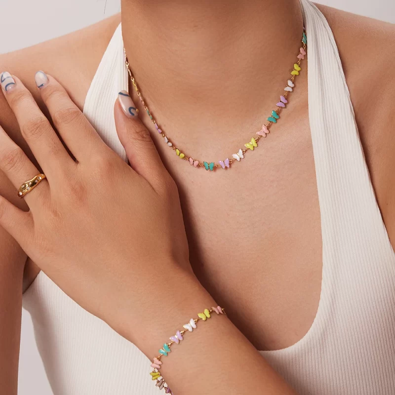 18k Gold Stainless Steel Dripping Oil Jewelry Colorful Enamel Butterfly Choker Necklace for Women - Image 2