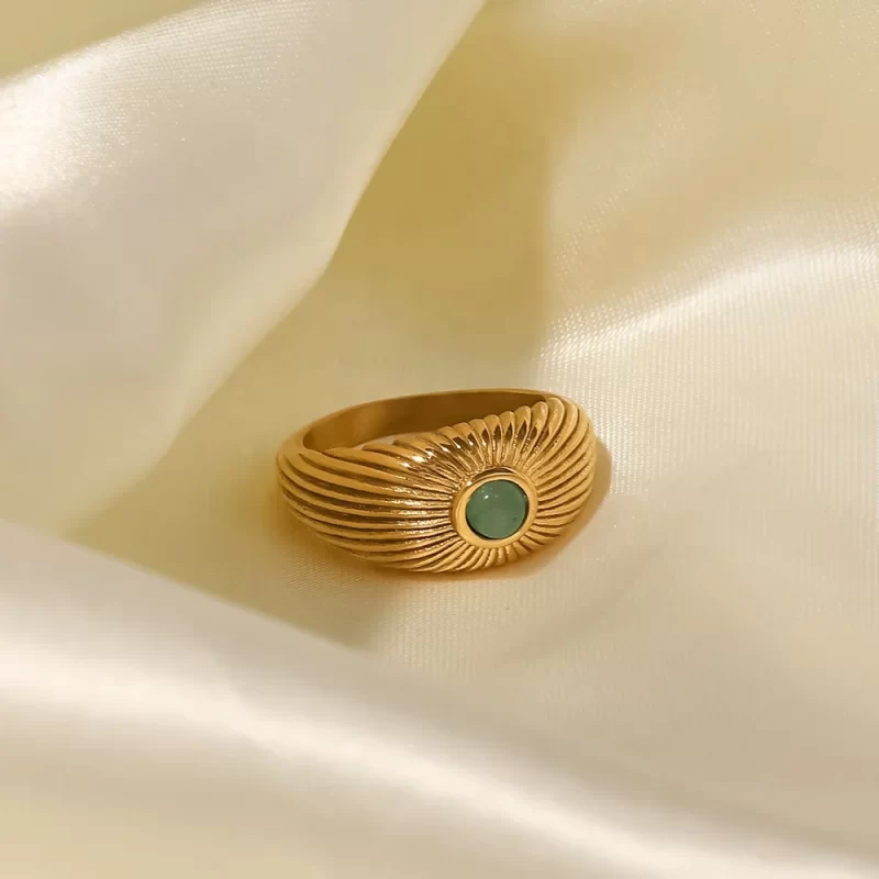 18K Gold Plated Stainless Steel Wide Chunky Natural Green Stone Sun Shape Rings Punk Style Unisex - Image 3