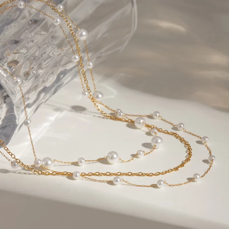 18K Gold Stainless Steel Pearl Three-layer Necklace - Image 4