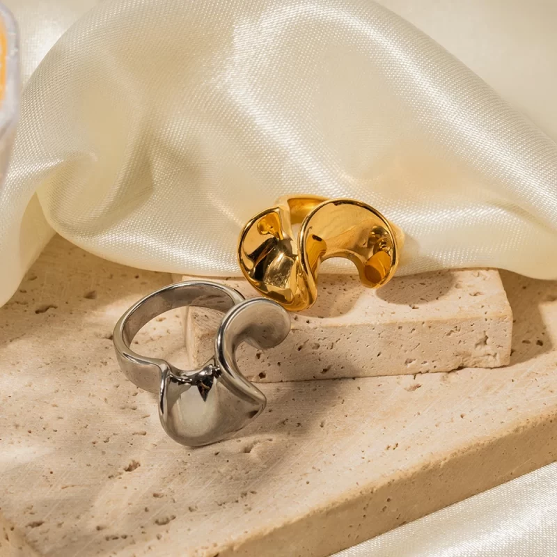 Waterproof 18K Gold-plated Stainless Steel Fashion Jewelry Wave Skirt's Hemline Ring for Women - Image 2