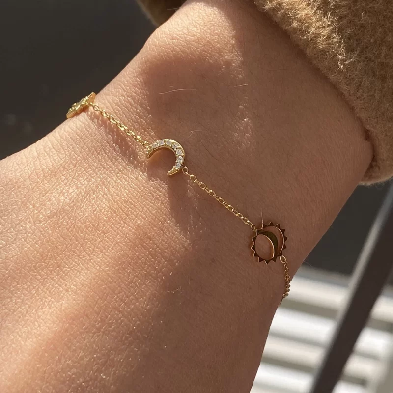 J&D Trendy Moon Star Stainless Steel Bracelet Geometric Rhinestone Dainty Fashion Chain Jewelry - Image 2