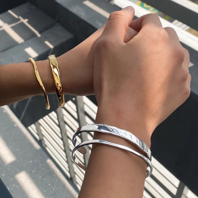 J&D Jewelry 18K Gold Plated Geometric Hypoallergenic Twist Wave Thin Matching Wide Cuff Bangle - Image 2