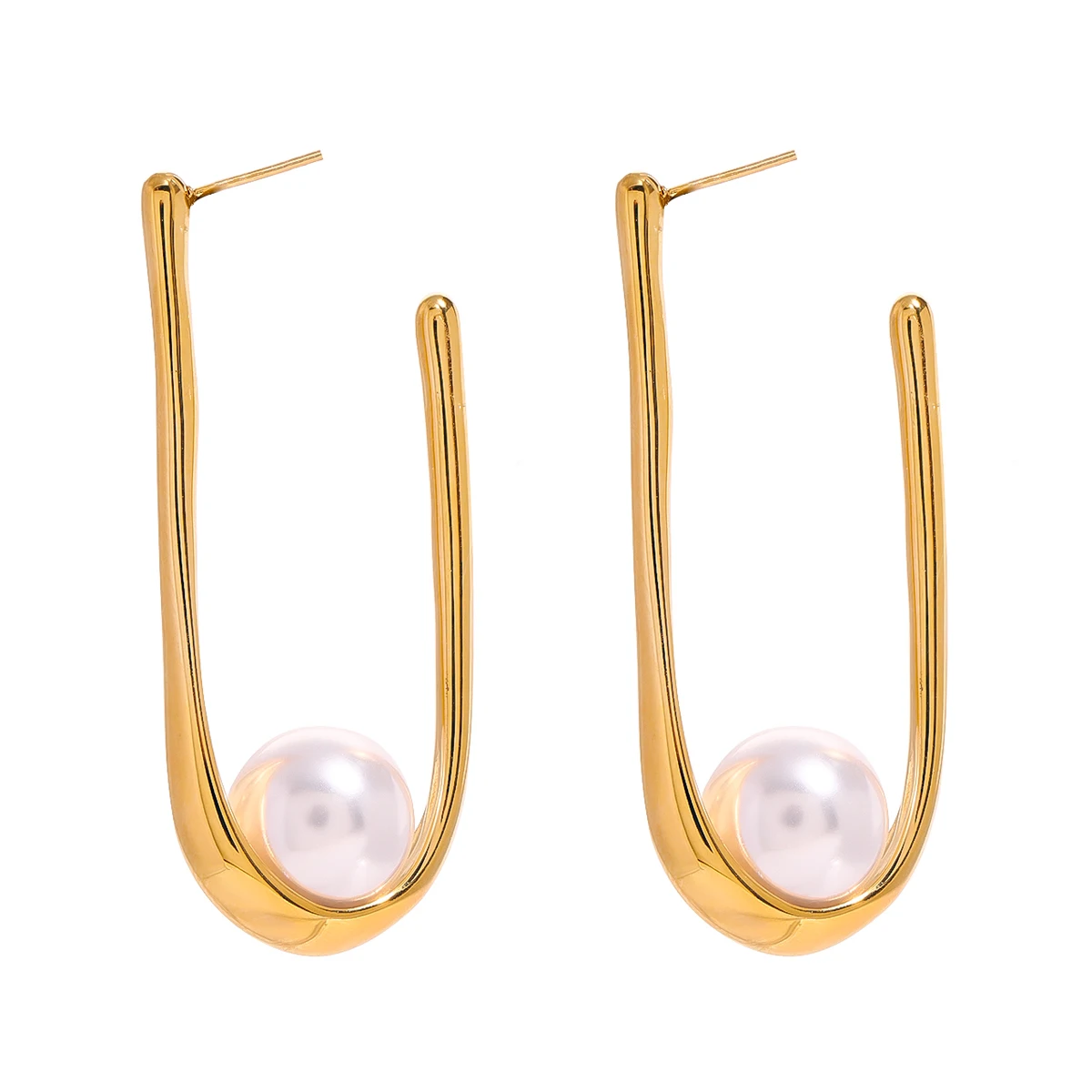 18k Gold Stainless Steel Jewelry Imitation Shell Pearl U-Shaped Earrings