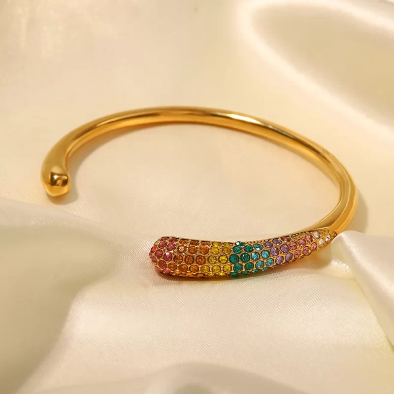 Colorful Zircon Inlaid Stainless Steel 18K Gold-plated Open Bangle Fashion Jewelry Rainbow Bracelet for Women - Image 4