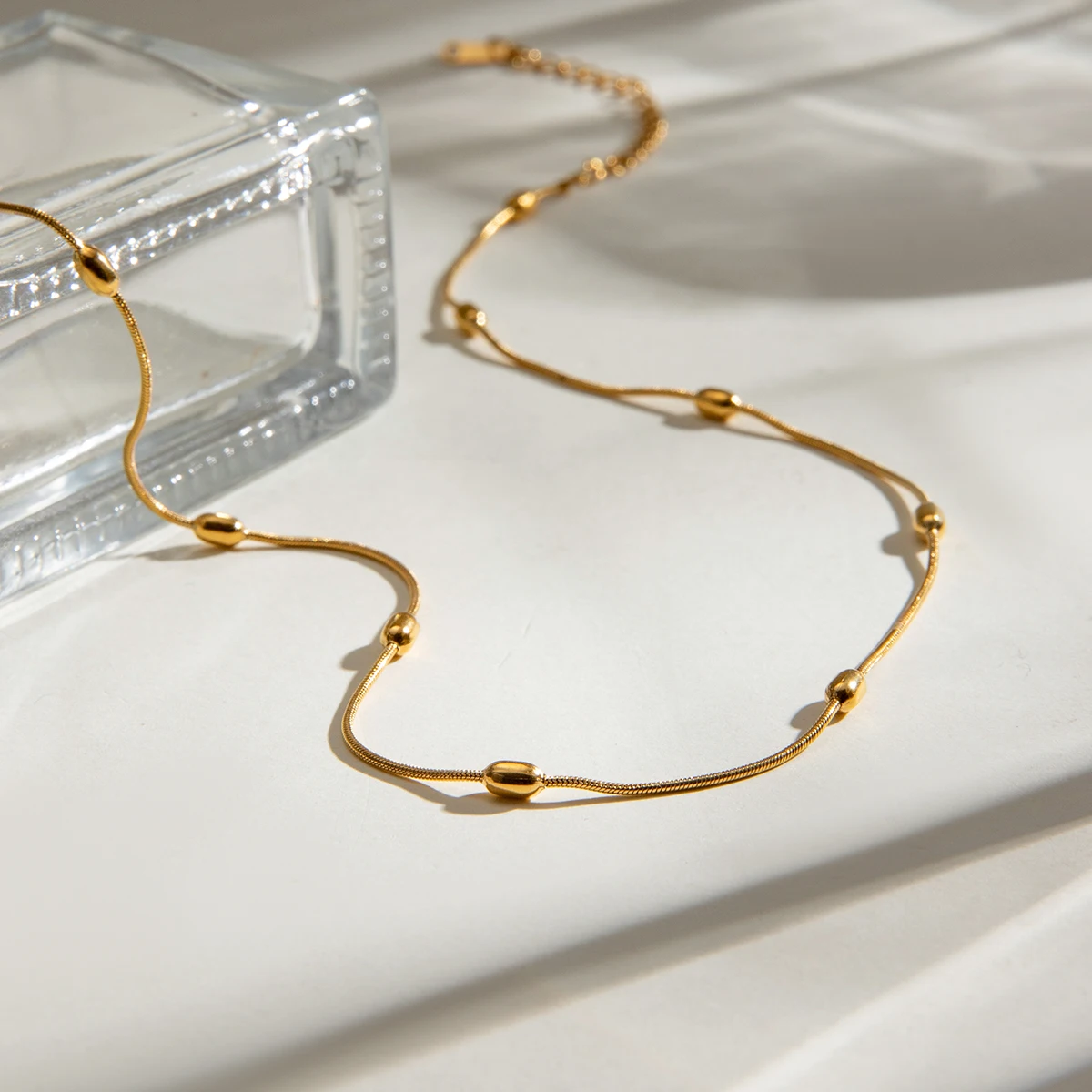 J&D 18k Gold Stainless Steel Bead Chain Round Snake Chain Necklace 41+5cm