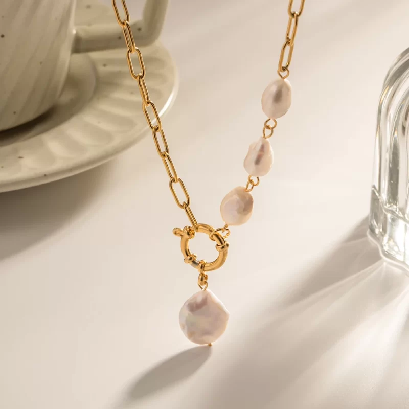 New Jewelry Stainless Steel Spring Lock Half Paperclip Chain Freshwater Pearl Necklace for Women - Image 5