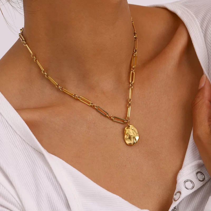 18k Gold Stainless Steel Simple Hammered Special Shaped Steel Bead Pendant Necklace 42+5cm - Image 3