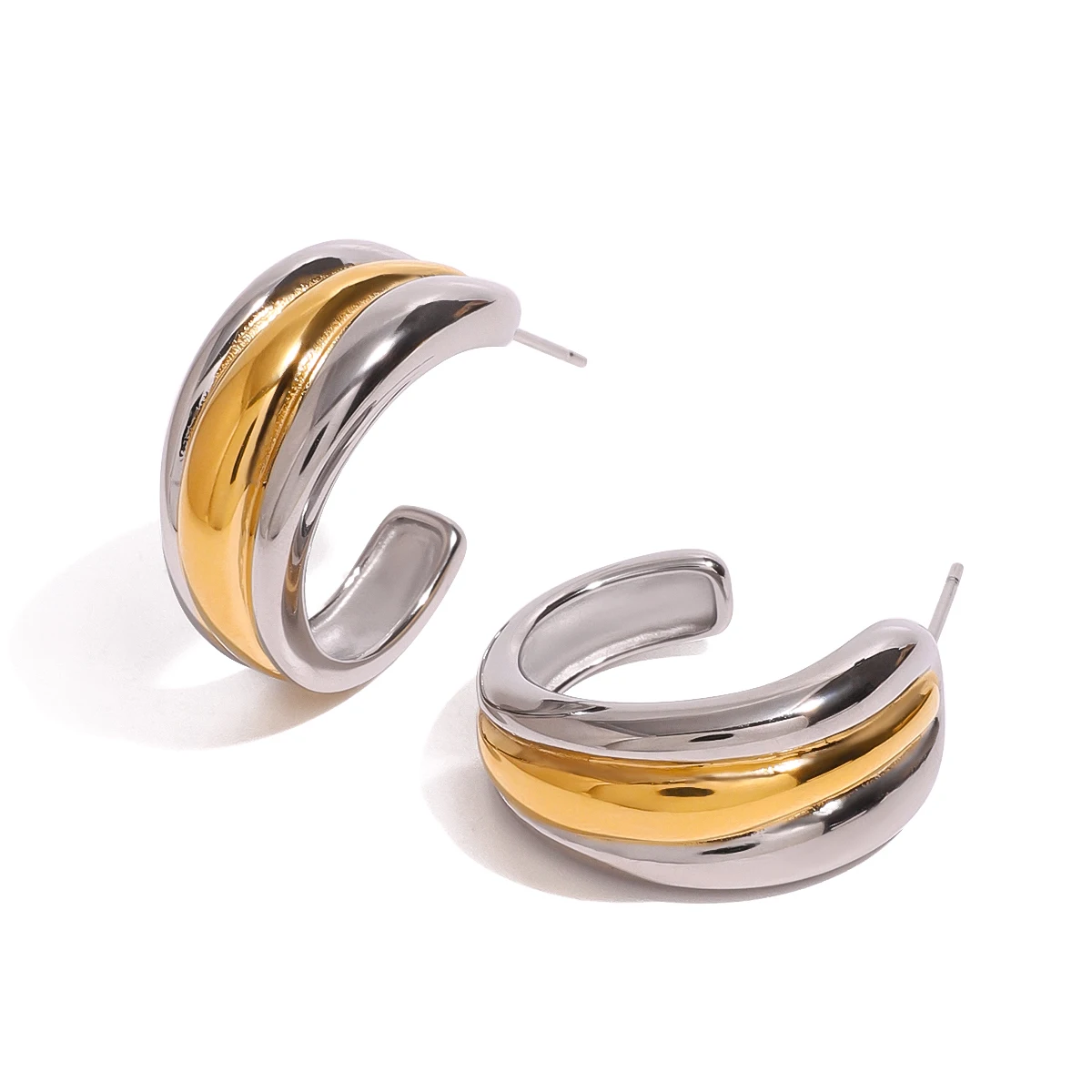 18K Gold Plated Twist Two Tone C-shaped Convex and Concave Color Matching Earrings for Women
