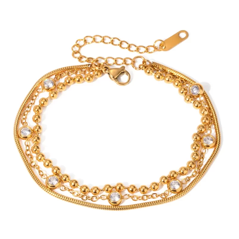 J&D 18K Gold Plated Stainless Steel Multi-layer Cubic Zirconia Bracelet, 18+5cm