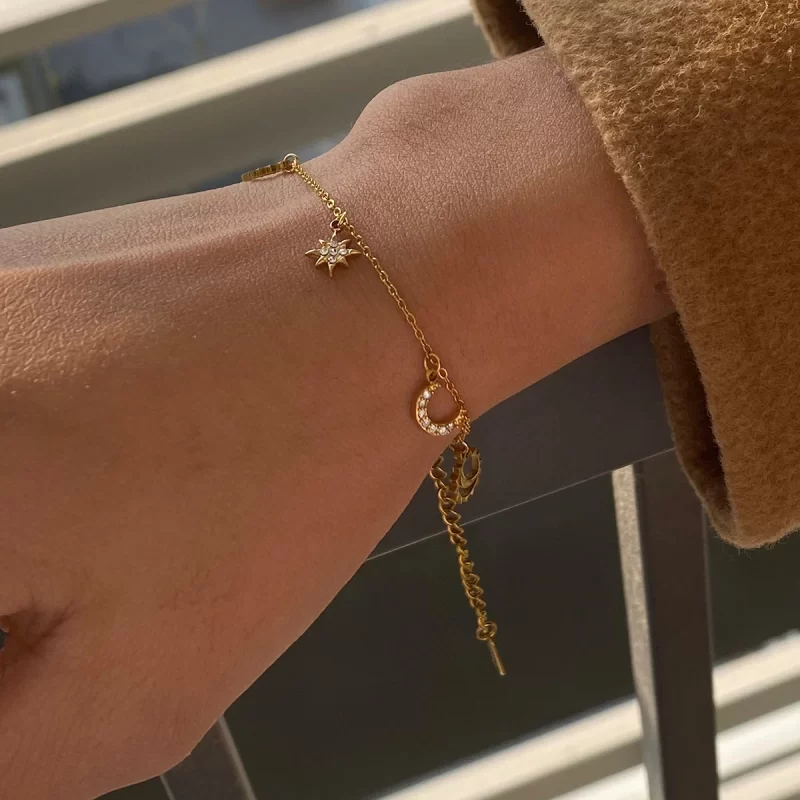 J&D Trendy Moon Star Stainless Steel Bracelet Geometric Rhinestone Dainty Fashion Chain Jewelry - Image 3