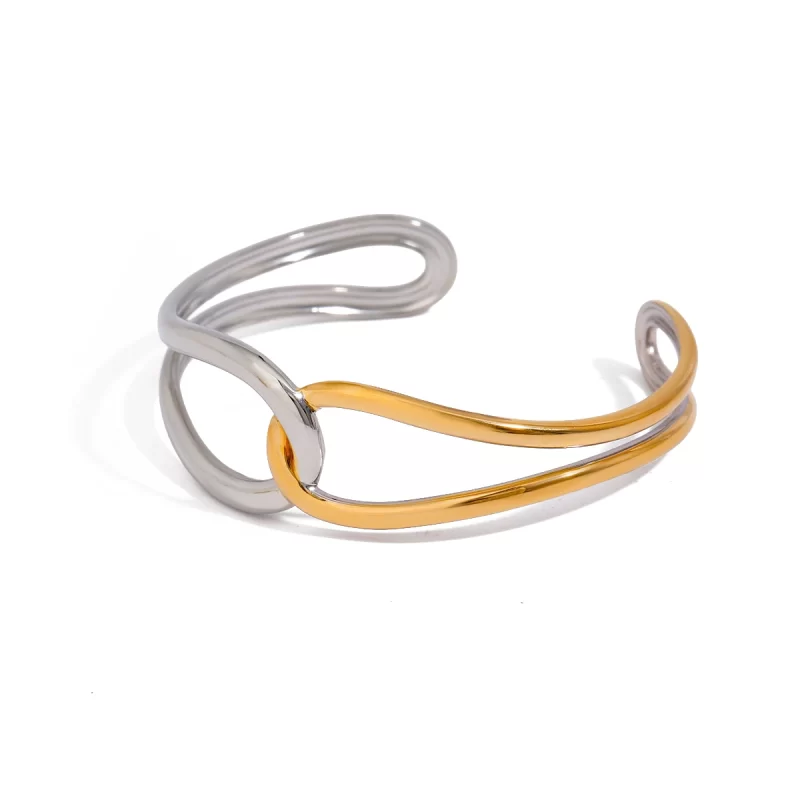 J&D Jewelry 18K Gold Plated Geometric Hypoallergenic Twist Wave Thin Matching Wide Cuff Bangle