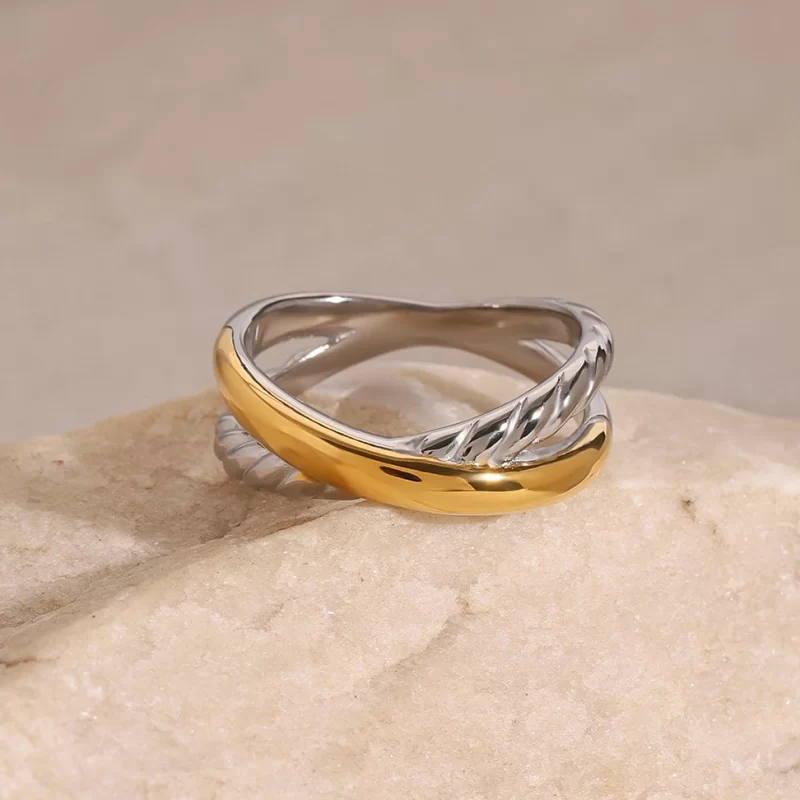 J&D Minimalist Design Jewelry Stainless Steel Rings for Women 18K Gold Plated Two Tone Cross Rings - Image 5