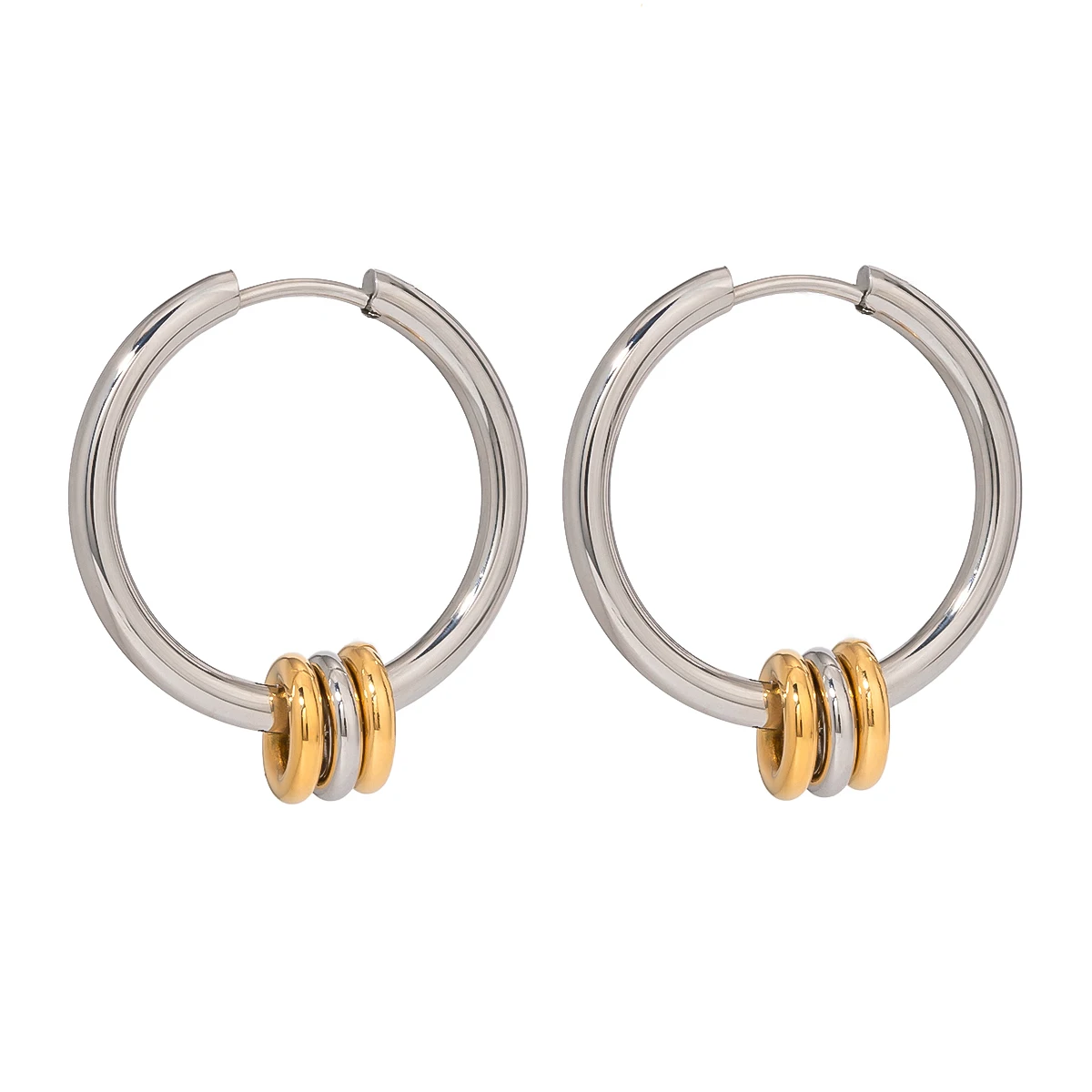 18k Gold Stainless Steel Drop Earrings Minimalist Two-Tone Hoop with Gold Loops and Trendy Diamond Pearl Stone Plating