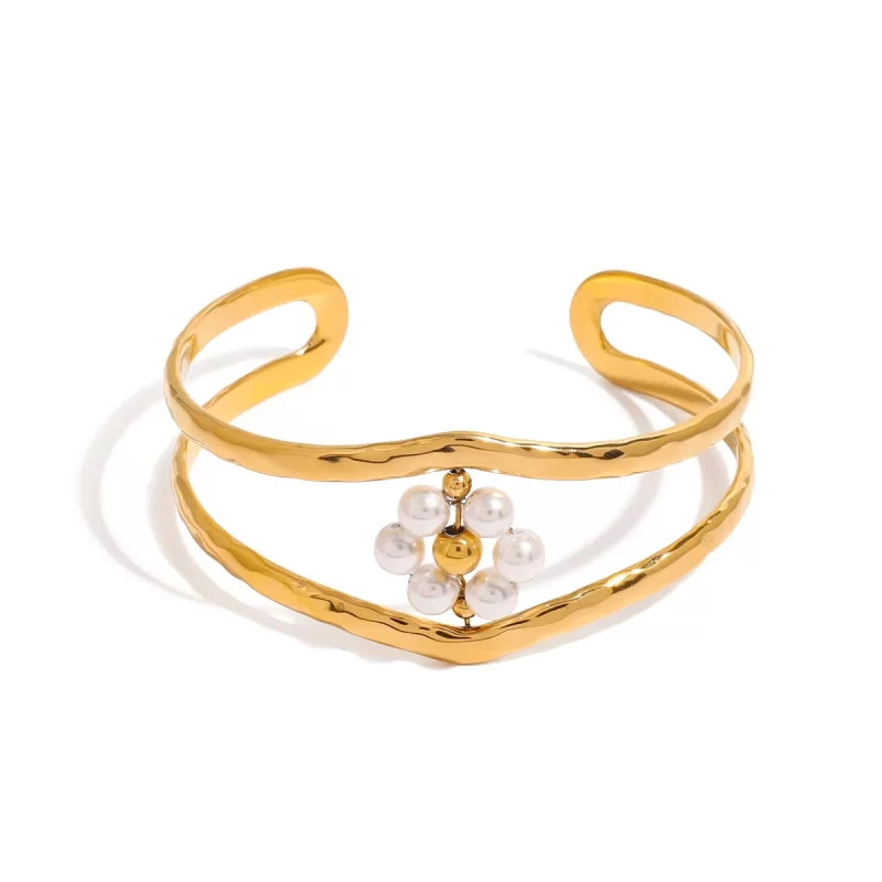 J&D Elegant Double Layer Faux Pearl Bangle 18K Stainless Steel Real Gold Plated Flower Design Fashionable Double Wrist Accessory