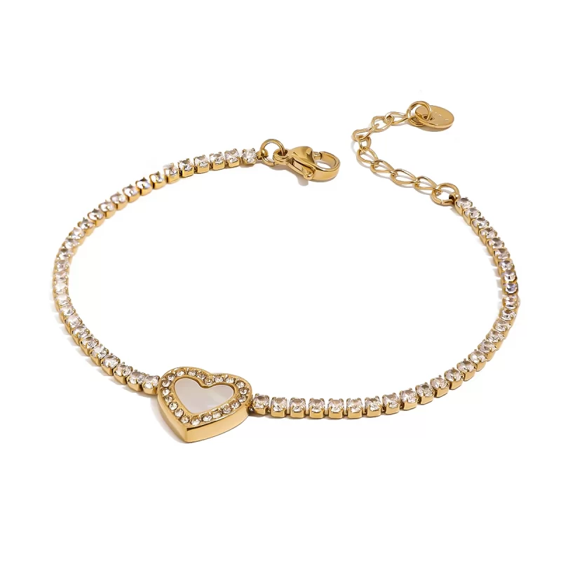 J&D Women's 18k Gold Stainless Steel Tennis Chain Bracelet Diamond Encrusted Zircon Shell Heart Charm Delicate Fashion Accessory