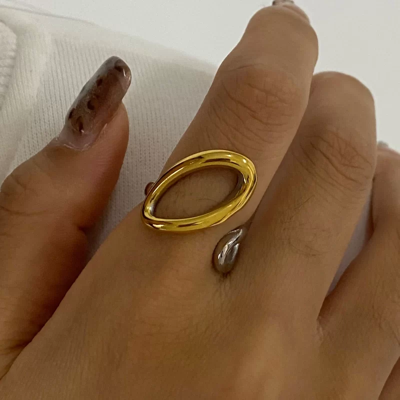 J&D Modern Minimalist Adjustable Hollow Open Ring 18K Gold Stainless Steel Two-Tone Color Jewelry - Image 2