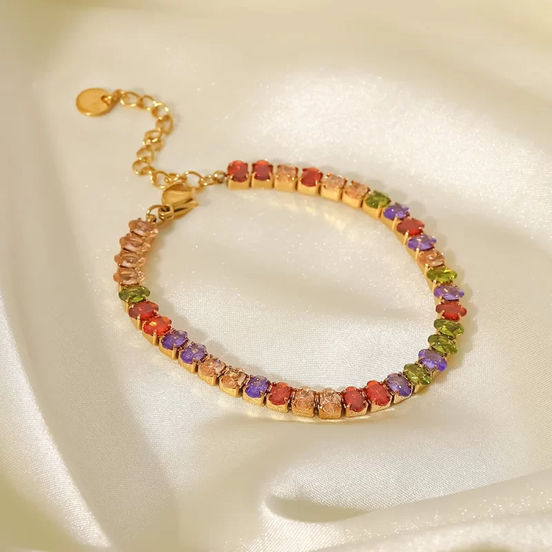 Mix Color Round Shape Zirconia Circling Setting 18K Gold Plated Stainless Steel Crystal Bracelets - Image 4