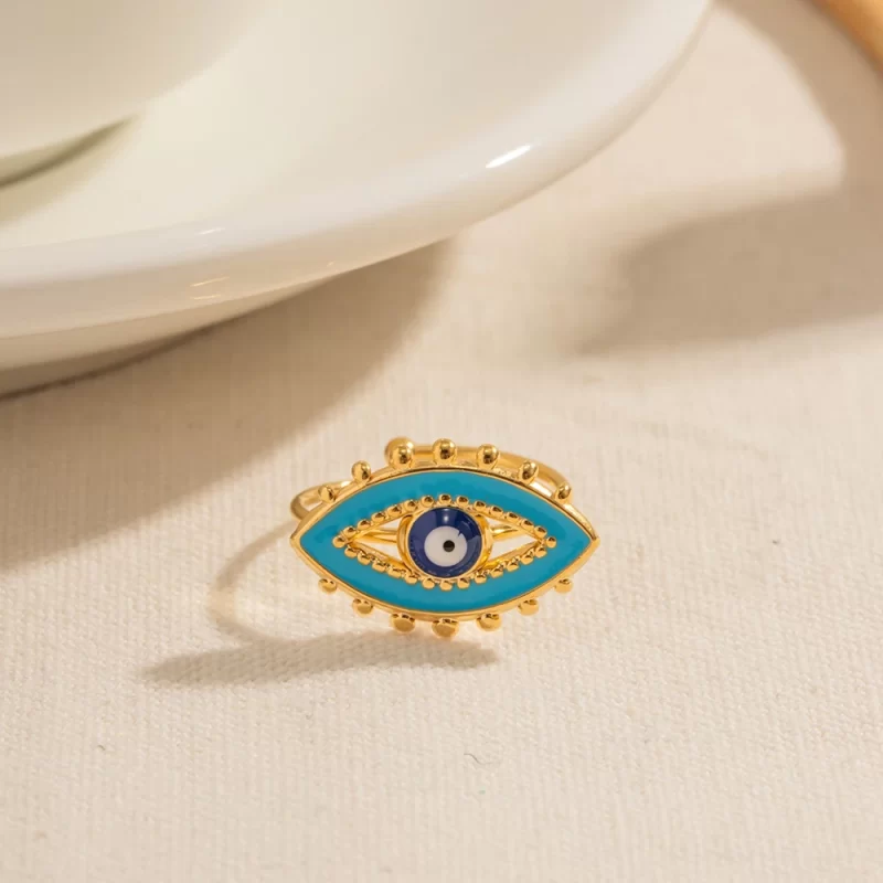 Luxury Jewelry 18K Gold Plated Evil Eyes Ring Stainless Steel Blue Enamel Eye Adjustable Rings for Women - Image 2
