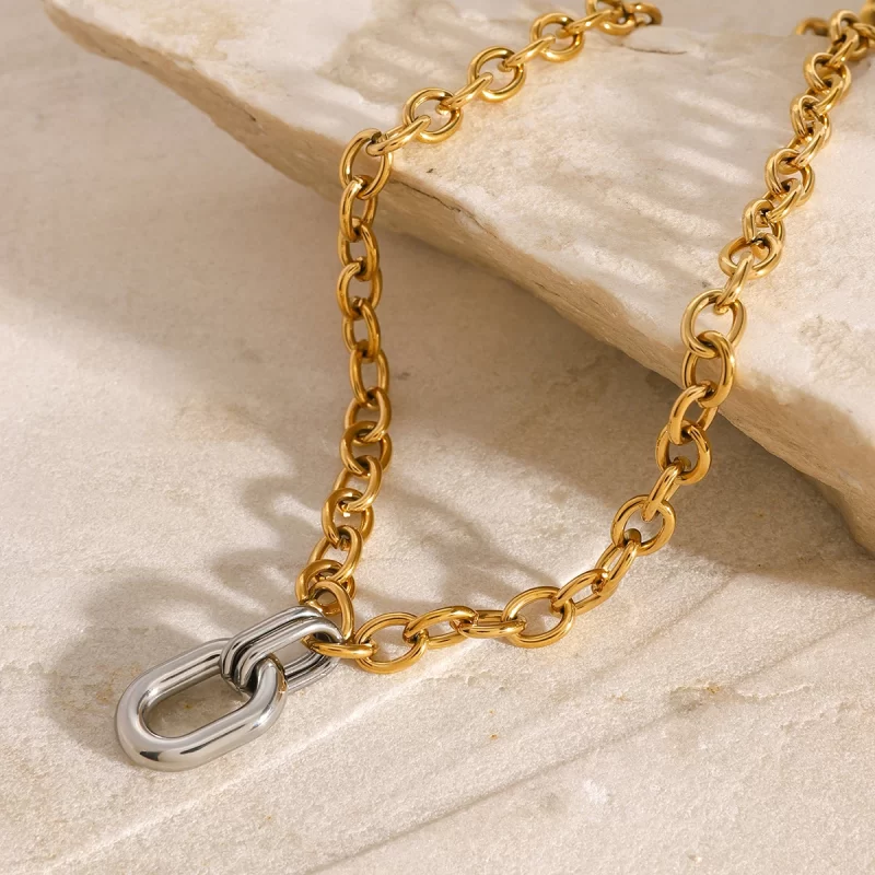 J&D 18k Gold Stainless Steel Gold and Silver Color Block Oval Polished Hollow Circle Necklaces - Image 5